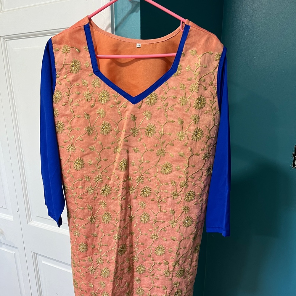 Orange and blue shalwar kameez. 3 piece suit.